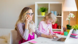 Mom enjoying quality time at home with her family, creating a warm and welcoming space.