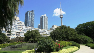 Toronto Music Garden in summer: lush greenery, vibrant flowers, and live music create a stunning mix of nature and art.