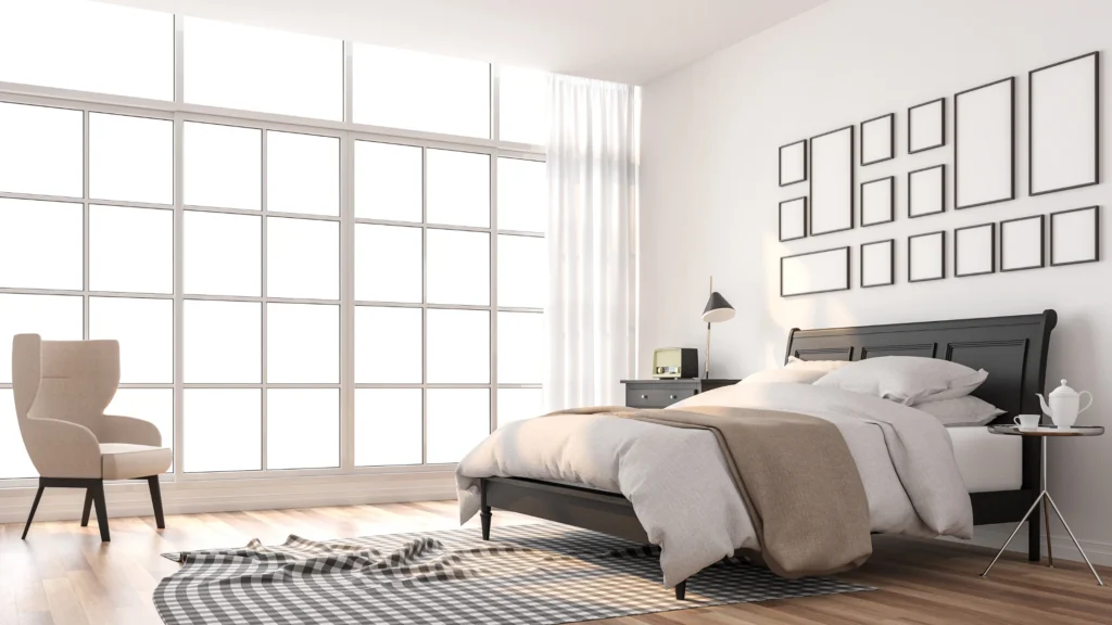 Interior view of a modern 1 bedroom apartment with open-concept living space and natural lighting.